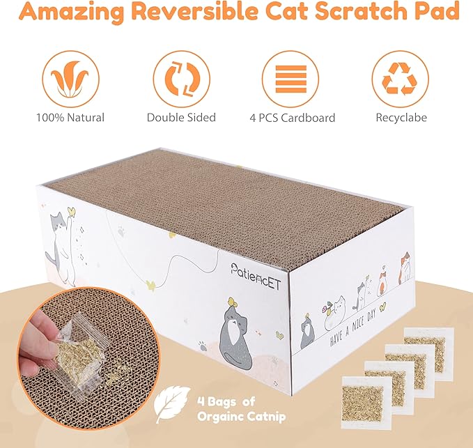 PatiencET Cat Scratch Pad with Box, 4 Pack Cardboard Cat Scratcher Lounge Bed for Indoor Cats, Reversible Corrugated Scratching Board Refill with Catnip