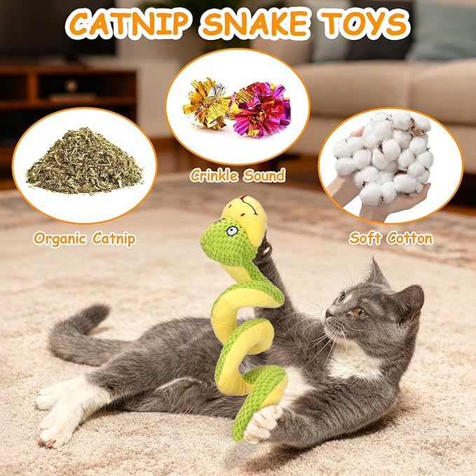 Retro Shaw 11" Realistic Snake Cat Toy – Interactive Kicker Toy for Indoor Cats with Silvervine & Catnip, Crinkle Sound, Spring-Loaded Design, Bite-Resistant Plush for Kitten Teething & Boredom Relief