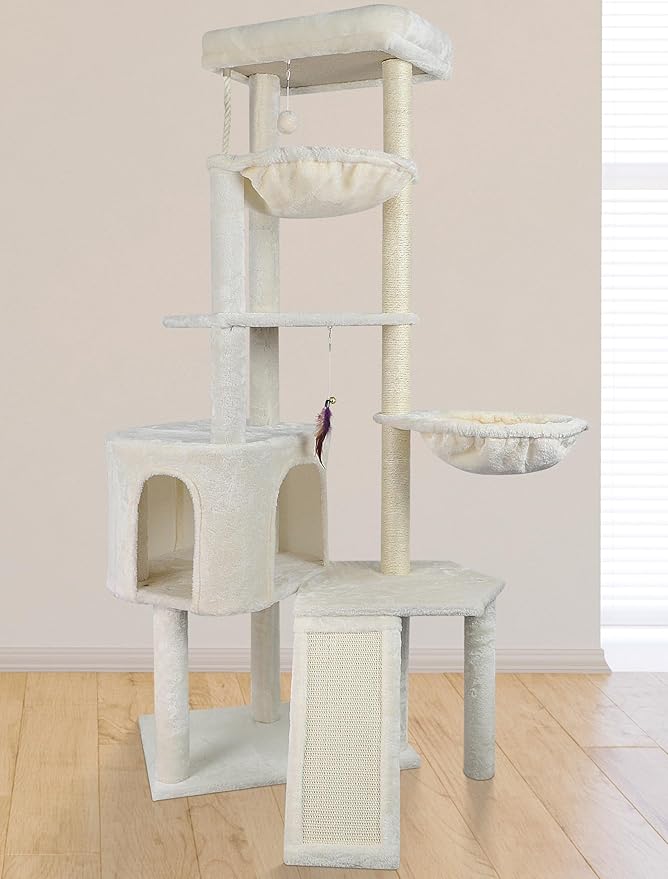 Wang Xin Four Layer Big Cat Tree with Huge Cat Condo and Two Hammocks Scratch Pad,Beige