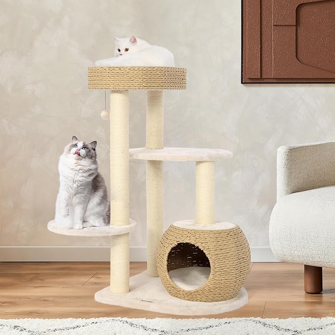 NUNU Modern Cat Tree, Modern Cat Trees Tower, Wooden Cat Tree for Large Cats, 39" Cat Tower for Indoor Cats, Hand-Woven Condo & Top Perch, for Kittens Climb, Play & Rest