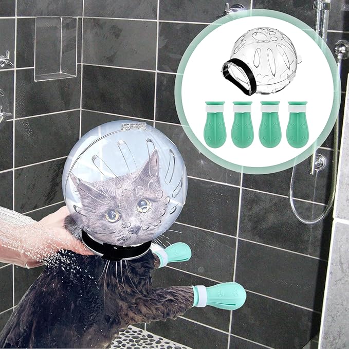 Cat Muzzle for Grooming,Cat Bubble Muzzle,Helmet,Breathable Hood Cover with 4 Silicone Paw Shoes for Bath Nail Trimming Cats Biting Chewing(Size:M)
