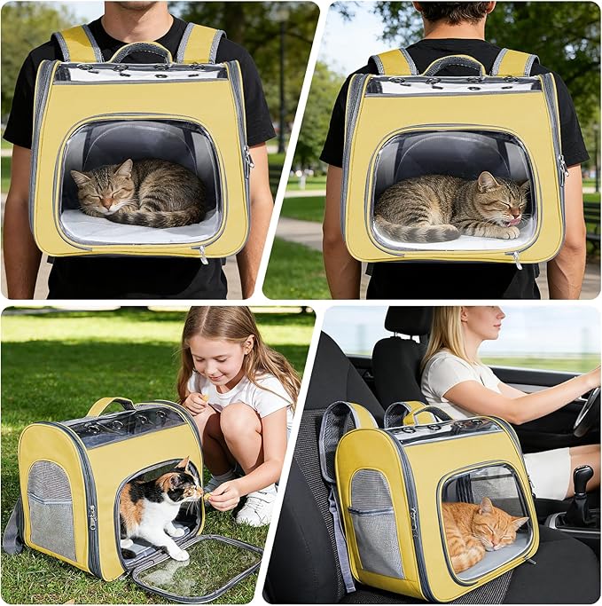 Innovative Traveler Backpack Pet Carriers Cat Backpack with Breathable Mesh Puppy Travel Carrier with Soft Padded Reinforced Support Foldable Small Dog Carrying Backpack for Kitty up to 15lbs (Yellow)