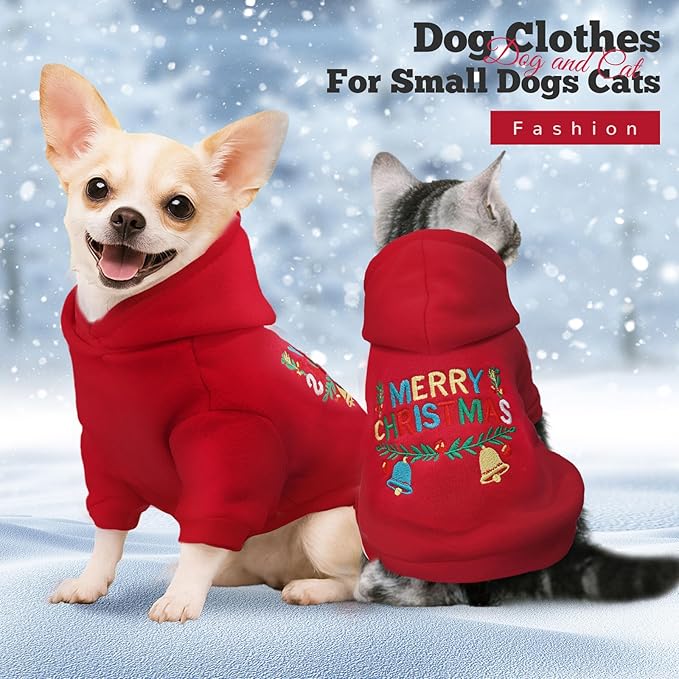 ABRRLO Small Dog Hoodie Clothes Red Christmas Dog Outfit Warm Fleece Dogs Sweater for Small Dogs Cat Boy Girl Cute Puppy Sweatshirt with Leash D Ring Xmas Doggy Costume Chihuahua Yorkie Shihtzu(Red,S)