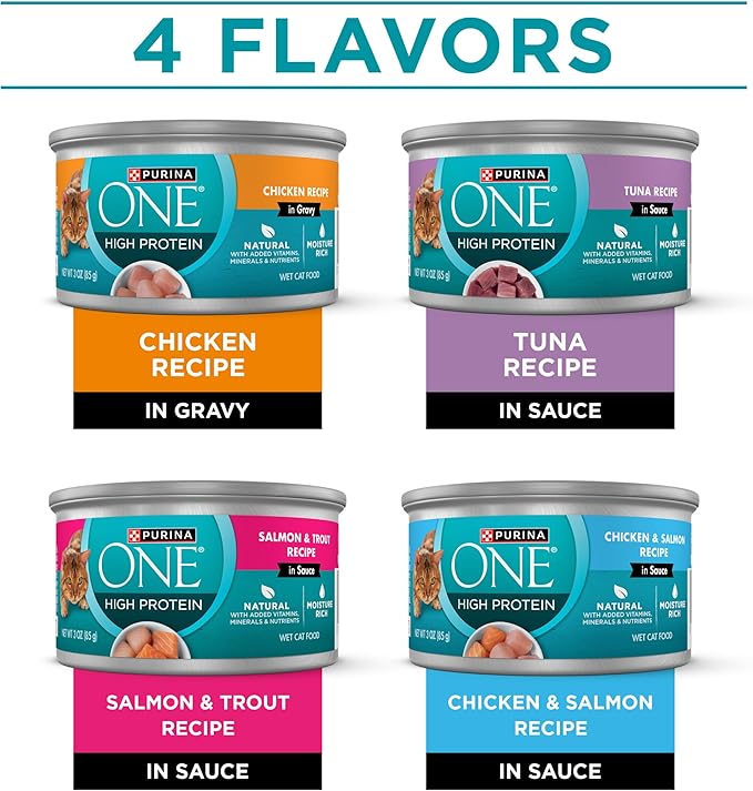 Purina ONE Natural,High Protein Cat Food Variety Pack,Chicken,Tuna,Salmon and Trout Recipes - 3 oz. Cans,(Pack of 48)