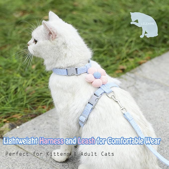 LeLehome Cat Harness and Leash Set Escape Proof Comfortable Lightweight Adjustable Strap for Walking, Travel, Kitten, Puppy (Pink Flower)