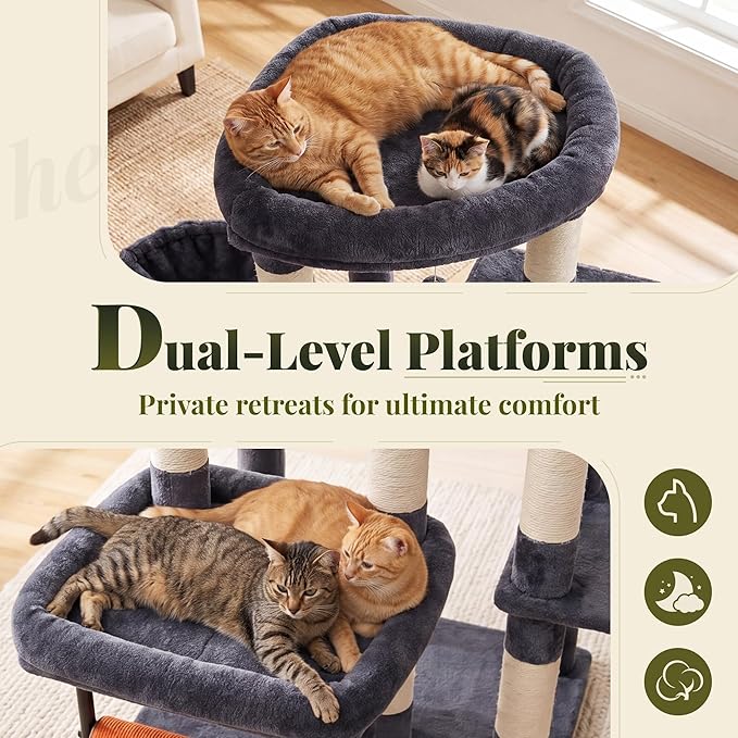 Hey-brother Cat Tree, 68.5 inch Cat Tower with L-Shaped Extended Base, Multi-Level Plush Furniture with 2 Spacious Candos, 2 Platforms, 11 Scratching Posts, Hammock and Toy Ball, Smoky Gray MPJ086G