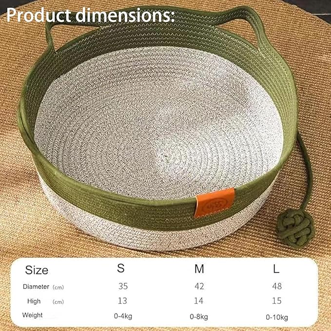 Cat Toy Baskets for Indoor Cats, Cotton Rope Woven Cat Basket Bed, Ergonomic Design with Cat Ear Handles & Interactive Teaser Ball, Soft, Breathable, Scratch-Resistant (Gray,M)