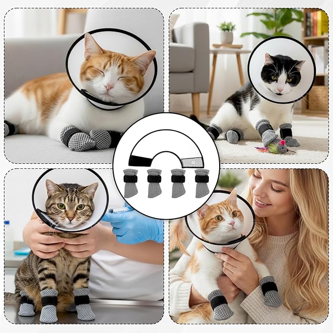 5 Pcs Cat Boots Anti Scratch Mittens Gloves with Elizabethan Collar Adjustable Cat Claw Protectors Covers Mesh Breathable Kitten Shoes Booties Anti Scratch Socks for Pet Bathing Cutting Nails