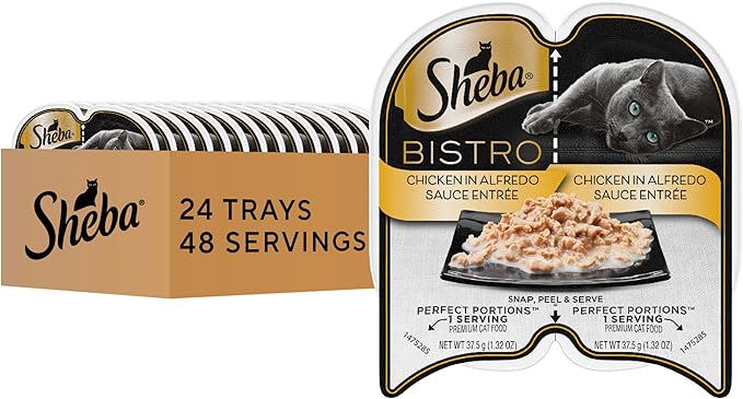Sheba Perfect Portions Bistro Adult Wet Cat Food, Chicken in Alfredo Sauce Entree, Cat Food Wet Recipe, 2.6 oz. Twin-Pack Trays (24 Count, 48 Servings)