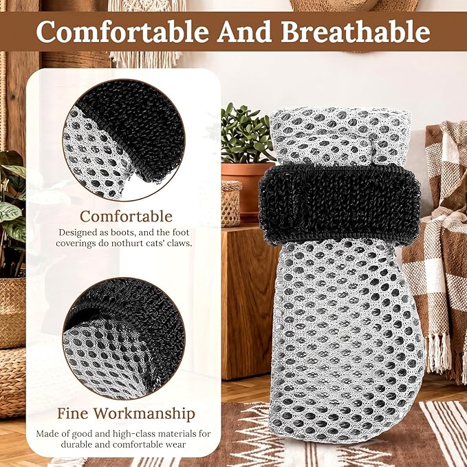 4 Pcs Cat Booties Anti Scratch Mittens Gloves Mesh Cat Claw Covers Kitten Protectors Foot Booties Breathable Adjustable Kitten Shoes to Prevent Scratching for Nail Trimming Pet Bathing