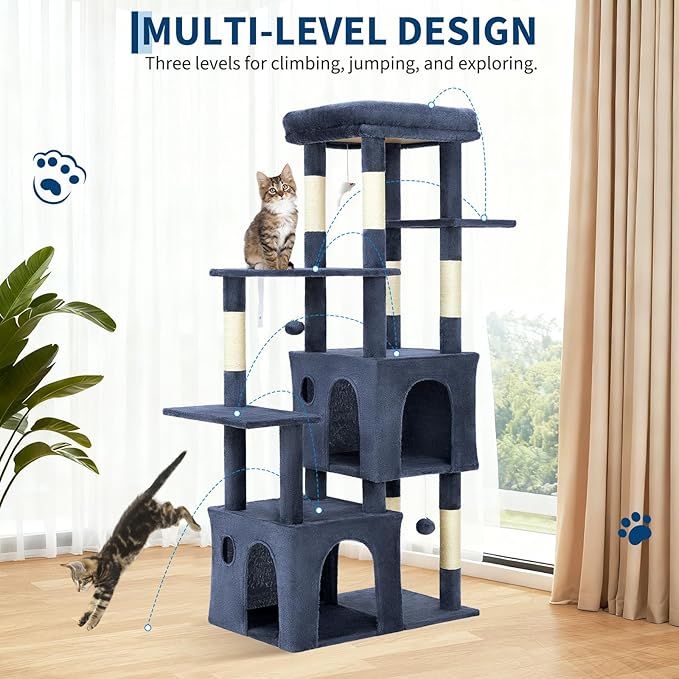 61.4 Inch Cat Tree, Large Cat Tower with Sisal Scratching Posts, 2 Spacious Cat Beds, Hanging Ball & Top Perch, Ideal for Large Indoor Adult Cats, Blue