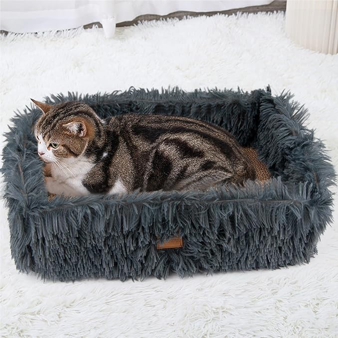 Fluffy Cat Scratcher Bed Box with Removable Cardboard, Corrugated Board Rectangular Cat Scratching Bed Lounge, Pet Scratch Pad for Furniture Protection (Dark Gray)