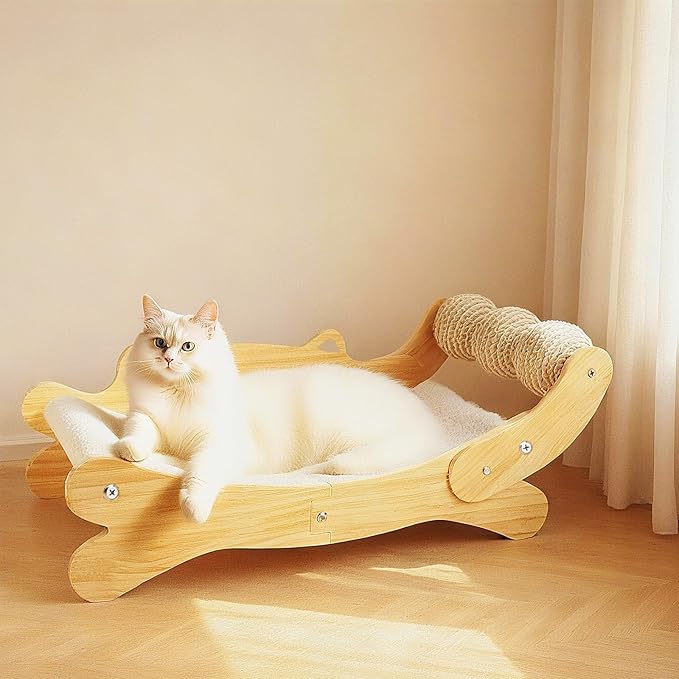 Cat Scratcher Bed, Heavy Duty Sisal Cat Scratching Post with Hammock for Indoor Cats, Natural Wood Cat Lounge for Sleeping & Scratching, Stable Platform for Large Cats, Easy Assembly Cat Furniture