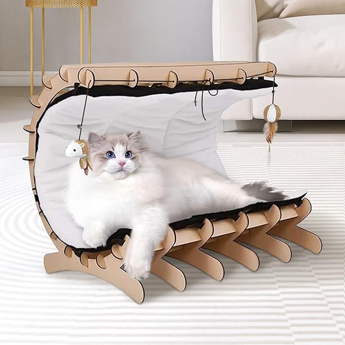 Upgraded Wooden Cat Bed with Plush Cushion – Semi-Cylinder Raised Cat Hammock Bed for Indoor Cats, Washable Pet Bed Support for Kittens, Large & Small Cats – Durable Cat Furniture & Cozy Cat Beds