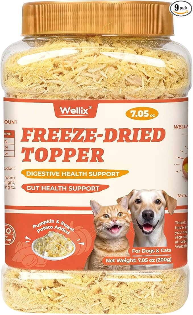 Wellix 7.05 oz Dog & Cat Food Topper - Pumpkin & Sweet Potato Flavor Freeze Dried Chicken Formula Low Calorie - Support Constipation Relief & Gut Health, Boost Immune System