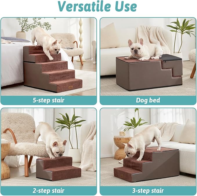 COZY KISS Dog Stairs with Detachable Zipper, 19.7" Extra Wide Right-Angle Pet Stairs for Bed, Anti-Slip Dog Steps for Lowrider and Puppy, Elderly Cats with Support Board, 19.7x29.5x23.6 inch, Brown