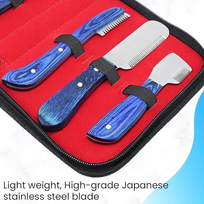 Dog Grooming Stripping Knife Set – 6-Piece Stainless Steel Hand Stripping Tools with Wooden Handles – Coarse, Medium, Fine & Extra-Fine Knives for Dogs, Cats & Wire-Coated Pets (Blue)