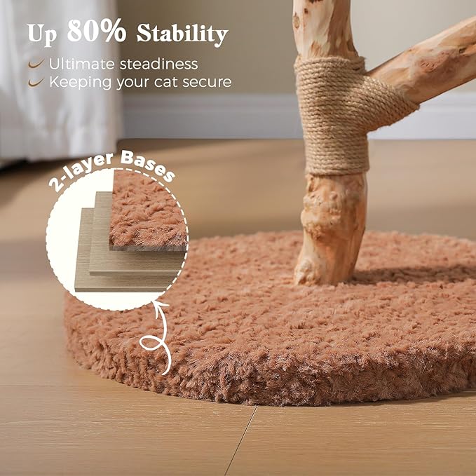 MUTTROS Modern Cat Tree Tower with Real Wood Branches and Wicker Basket Bed, Solid Wood Cat Climbing Furniture with Scratching Posts and 3 Hanging Balls for Indoor Cats, Brown