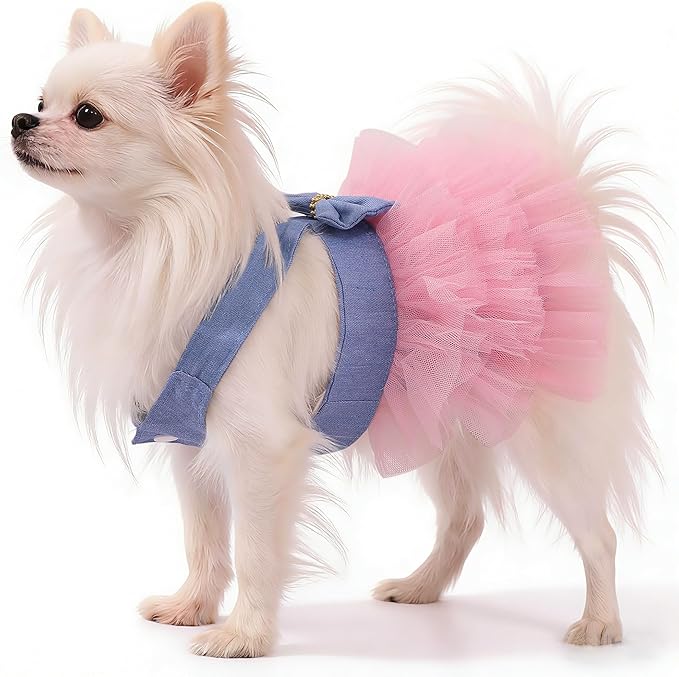 Dog Dress, Fashion Puppy Tutu Princess Dresses for Small Dogs Girl, Sweet Skirt with Dog Bowknot Clips, Spring Dog Cat Clothes Pet Apparel (Denim Dress Tutu, X-Small)