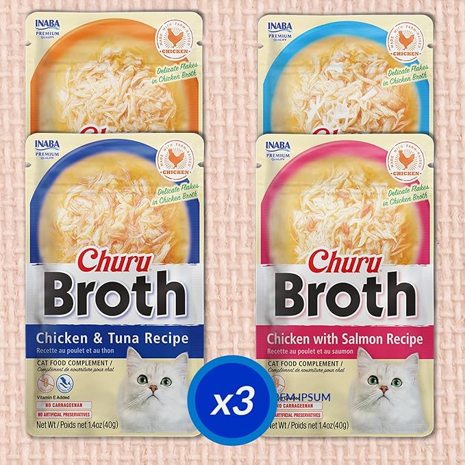 INABA Churu Broth for Cats, Side Dish Pouch, 1.4 Ounces per Pouch, 24 Pouches, Chicken & Seafood Variety