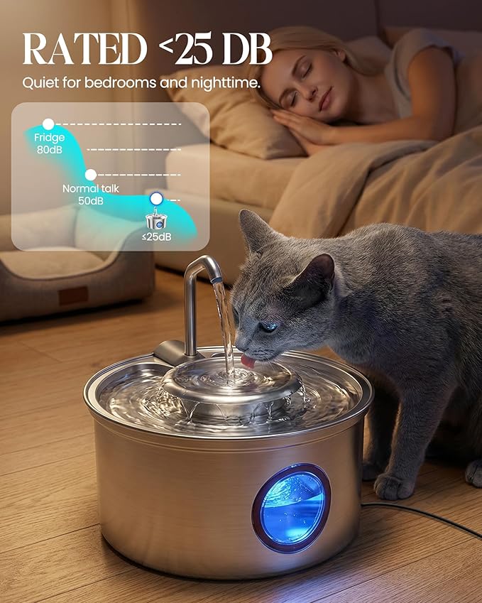 Cat Water Fountain,108oz/3.2L Stainless Steel Cat Fountain and Removable Water Bowl,Pet Fountain with Water Level Window,Quiet Pump,Multi-Filter, Water Tap, Provides Flowing,for Dog Cats