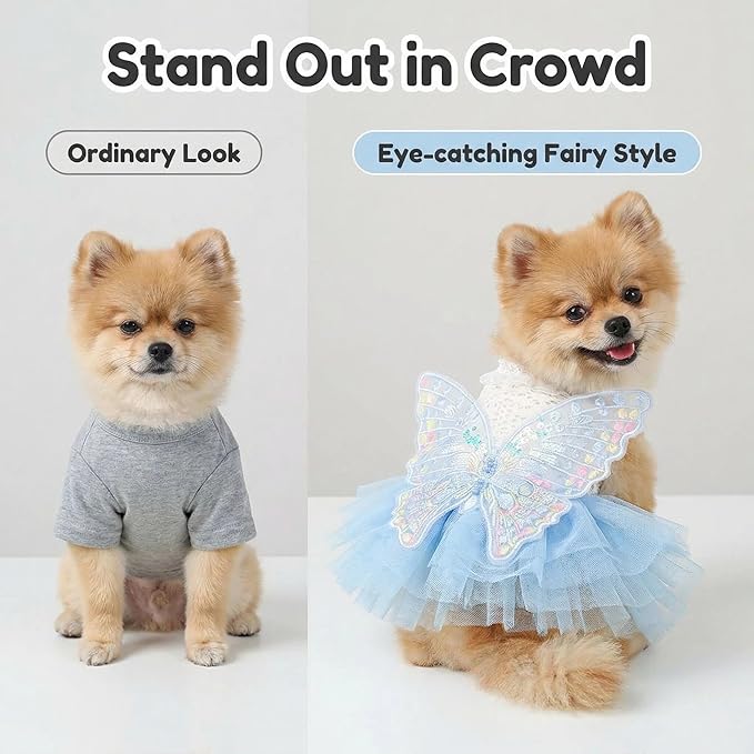 Pet Dog Cat Princess Dress, Fairy Butterfly Tulle Skirt, White Knitted Top with Blue Puffy Bottom, Lace Collar, Embroidered Wings, Puppy Kitten Outfit 2.2-3.3lbs(Light Blue,XS)