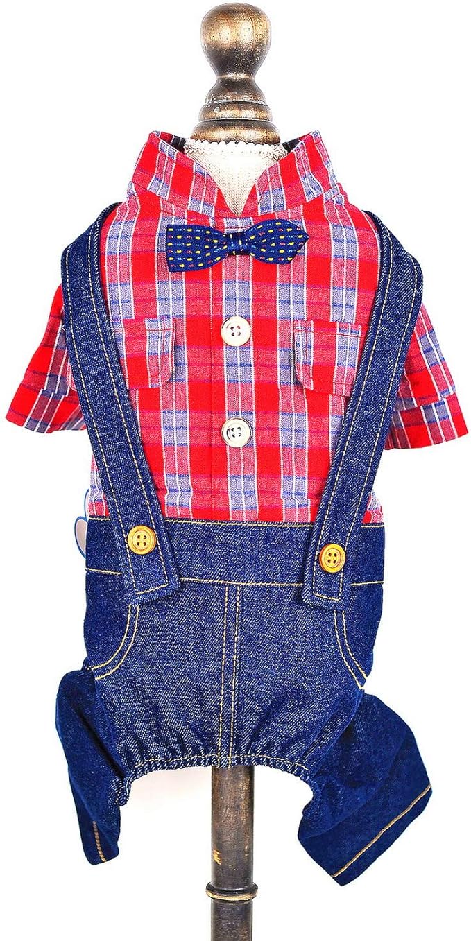 SMALLLEE_LUCKY_STORE Pet Clothes Costume Puppy Denim Overalls for Small Medium Dogs Cats Boys Bowtie Plaid Shirt Jeans Pants Outfits Chihuahua One Piece Jumpsuit,Red XL