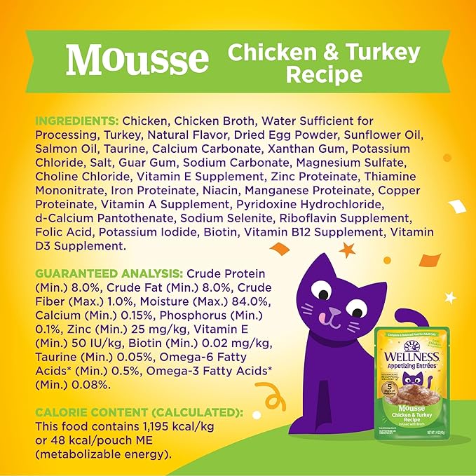 Wellness Appetizing Entrées Mousse Adult Wet Cat Food, Natural, Protein Rich, Grain Free, Chicken and Turkey Recipe, 1.4 oz, Pack of 8 Pouches