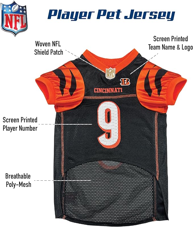 NFLPA Joe Burrow PET Jersey, NFL Dog Shirt, Size Large, Cincinnati Bengals Mesh Jersey for Dogs