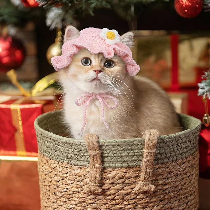 2pcs Cute Flower Cat Hat, Cotton & Soft Cute Knitted Hats for Cats, Halloween Christmas Holiday Party Clothes Birthday Party Puppy Hat for Small Pets, Holiday & Photo Outfit