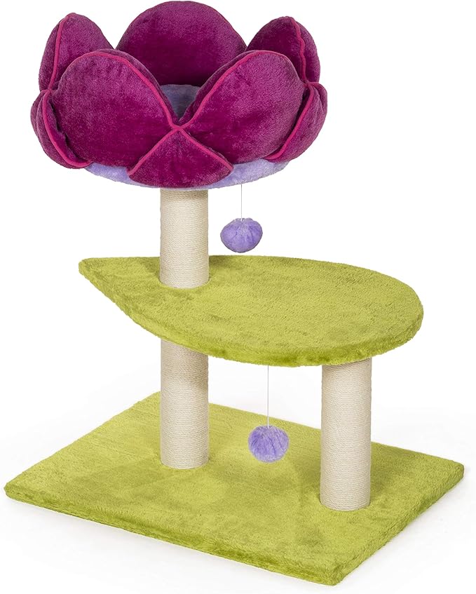 Prevue Pet Products Flower Garden Cat Tree - Multi-Level Indoor Cat Tower with Scratching Posts, Includes Hanging Toys and Play Areas, Plush Bed & Scratching Posts - Green and Pink