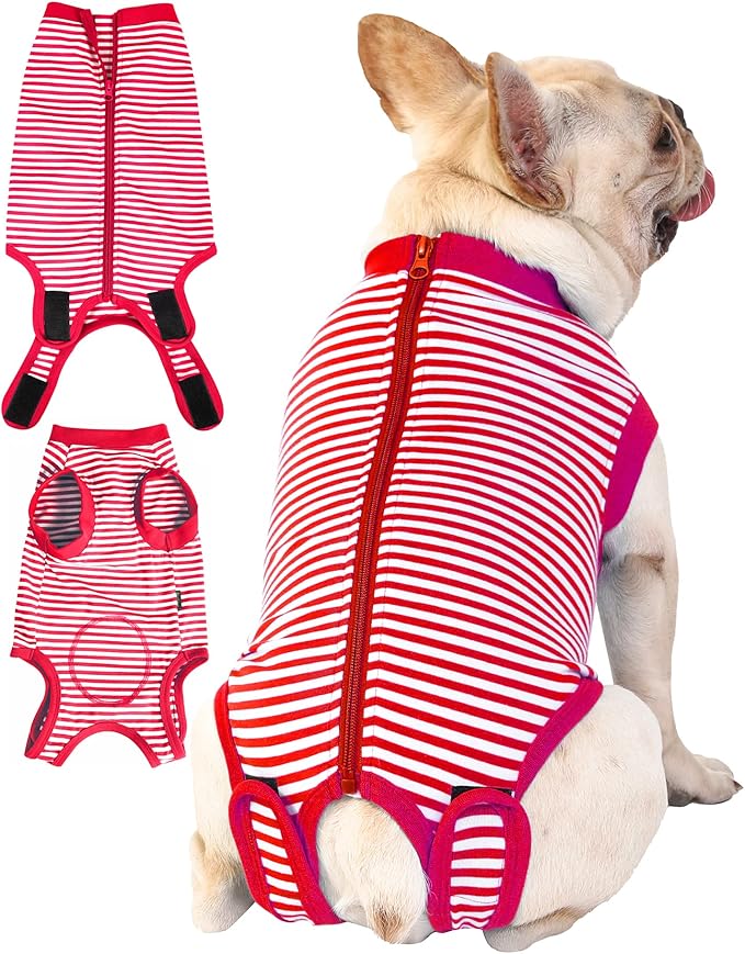 Dog Red Recovery Suit for X-Small Female Spay,Male Dog Surgery Suit,Narrow Red-White XS