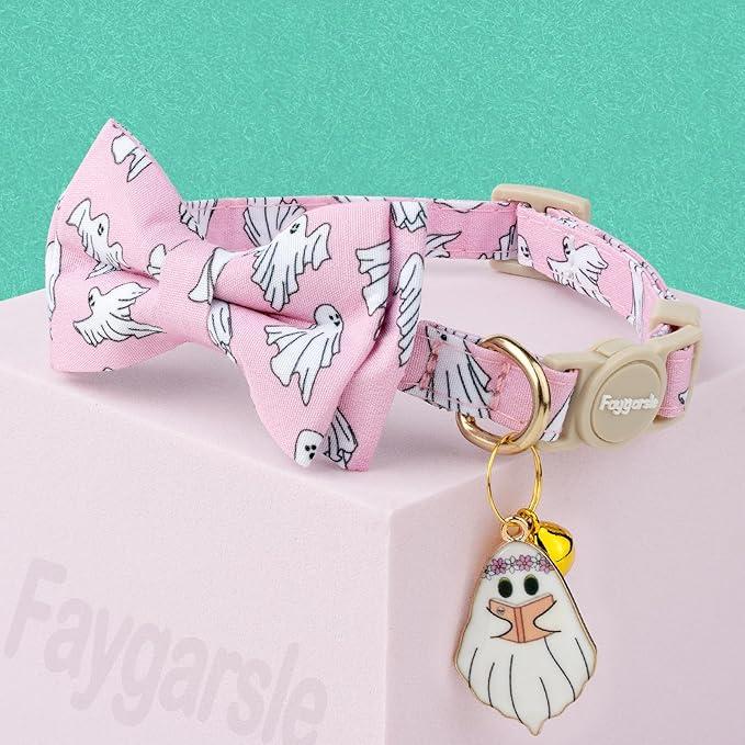 Faygarsle 2 Pack Halloween Ghost Pattern Cat Collar with Bow Tie and Bell, Breakaway Safety Buckle, Pink and Purple