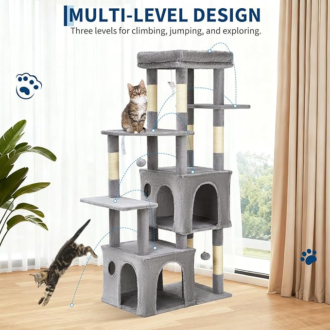 61.4 Inch Cat Tree, Large Cat Tower with Sisal Scratching Posts, 2 Spacious Cat Beds, Hanging Ball & Top Perch, Ideal for Large Indoor Adult Cats, Light Gray