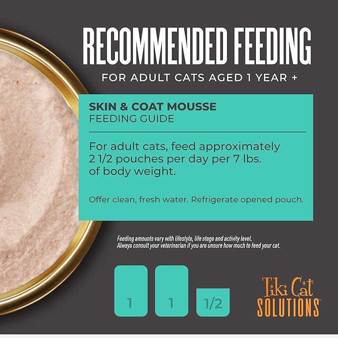 Tiki Cat Solutions Mousse Skin & Coat Mousse, Salmon Recipe, Specially Formulated with Omega Fatty Acids, Functional Wet Cat Food for Adult Cats, 2.4 oz. Pouch (12 Count)