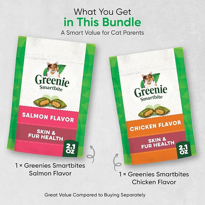 Salmon Cat Treats for Skin & Fur Health, Pack of 2 Chicken & Salmon Flavor Crunchy and Soft Cat Treats (2.1 oz Each) with Microfiber Cleaning Cloth