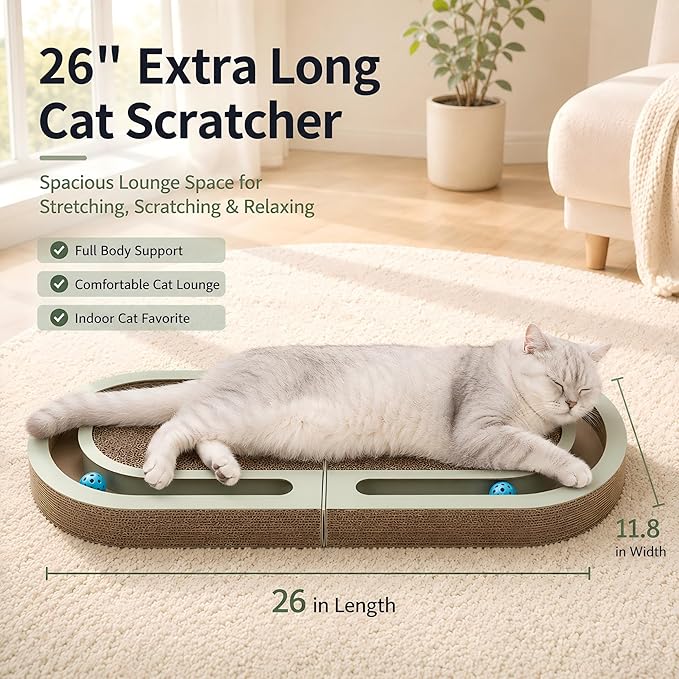 Interactive Cat Scratcher Lounge for Indoor Cats, 26" Large Foldable Cat Scratcher with Ball Track, Double-Sided Corrugated Cat Scratch Pad Bed for Scratching, Playing, Lounging & Relaxing