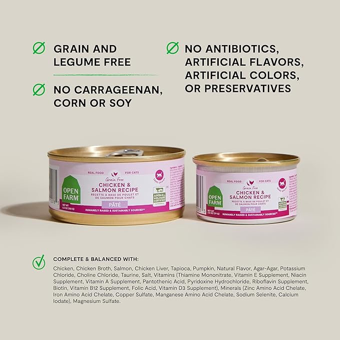 Open Farm Canned Cat Food, Pate for Complete & Balanced Nutrition, Grain Free and Legume-Free Wet Cat Food, Chicken & Salmon Recipe, 5.3oz Cans (Case of 12)