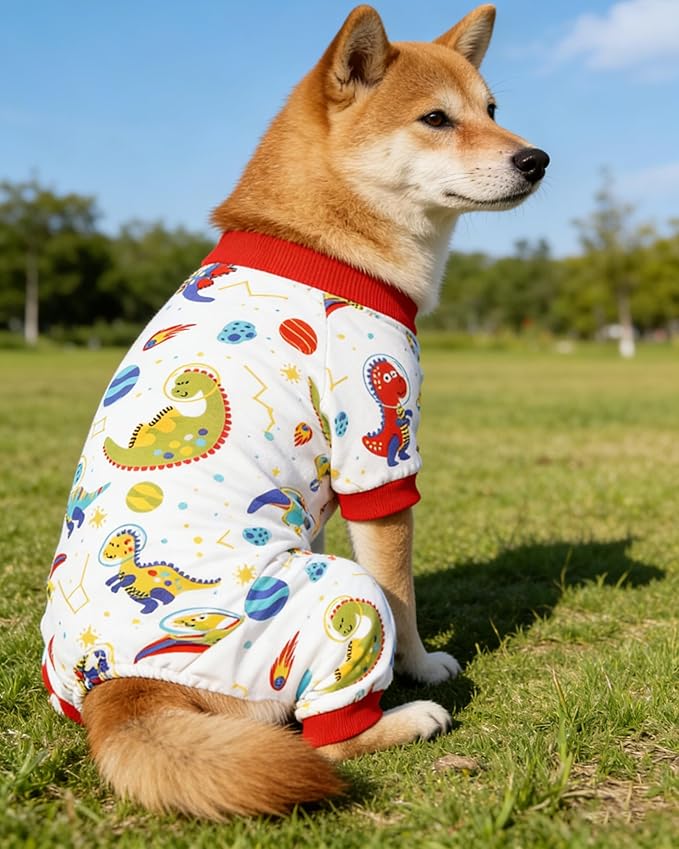 PET SHOW 4 Pack Dog Pajamas for Large Medium Dogs Girl Boy Dog Clothes Soft Stretchy PJs Dinosaur Car Jumpsuit Puppy Daisies Cow Jammies Onesies Outfits with Sleeve Pets Costume, XL