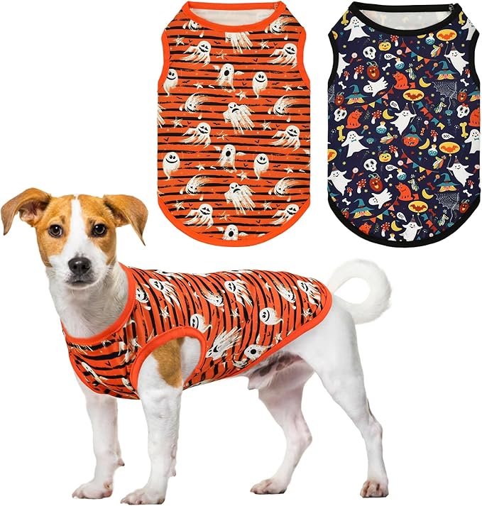 2PCS Halloween Puppy Sleeveless Tank Tops Dog Ghost Spooky Bat Pumpkin Pattern Shirts Halloween-Themed Apparel Vest for Small Middle-Sized Dog Cat XS