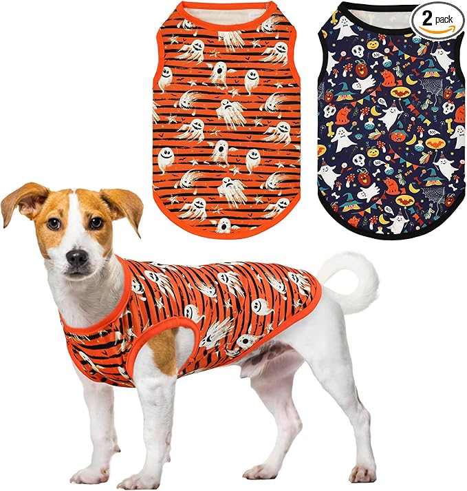 2PCS Halloween Puppy Sleeveless Tank Tops Dog Ghost Spooky Bat Pumpkin Pattern Shirts Halloween-Themed Apparel Vest for Small Middle-Sized Dog Cat XL