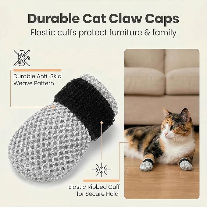 Cat Muzzle - Adjustable Anti-Bite Head Cover, Breathable Cat Grooming Helmet Mask with 4 Anti-Scratch Claw Covers for Nail Trimming, Injections & Bathing