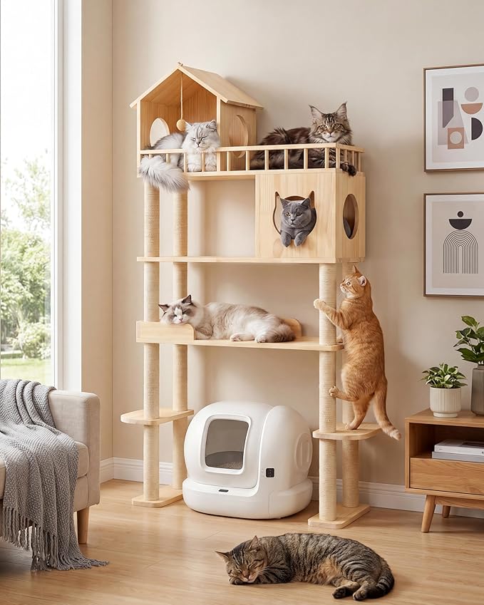 Wood Cat Tree for Automatic Litter Box, 74.4" Tall Cat Tower for Self Cleaning Litter Box, Cats Tree for Indoor Cats Large Adult, 5-Level Solid Wood Cat Furniture w/Scratching Post, House