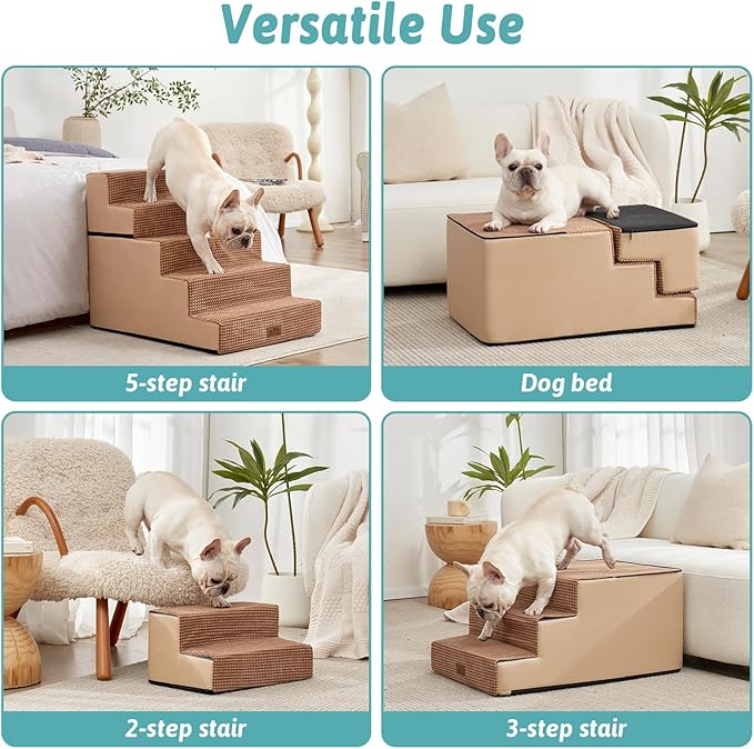 COZY KISS Dog Stairs with Detachable Zipper, 19.7" Extra Wide Right-Angle Pet Stairs for Bed, Anti-Slip Dog Steps for Lowrider and Elderly Cats with Support Board, 19.7x29.5x23.6 inch, Light Brown