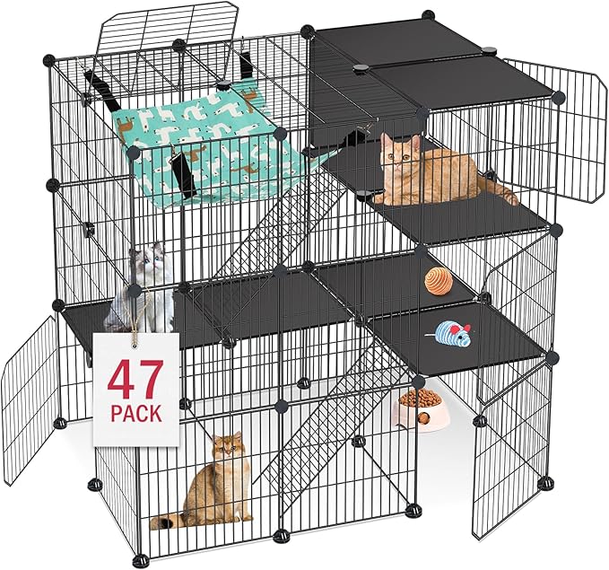 VISCOO Cat Cage, 3-Tier DIY Cat Enclosures Catio, Cat Playpen Indoor & Outdoor with Hammock, Detachable Metal Wire Kennel Cats Crate, 2x3x3 Exercise Place for 1-3 Cats/Kitten