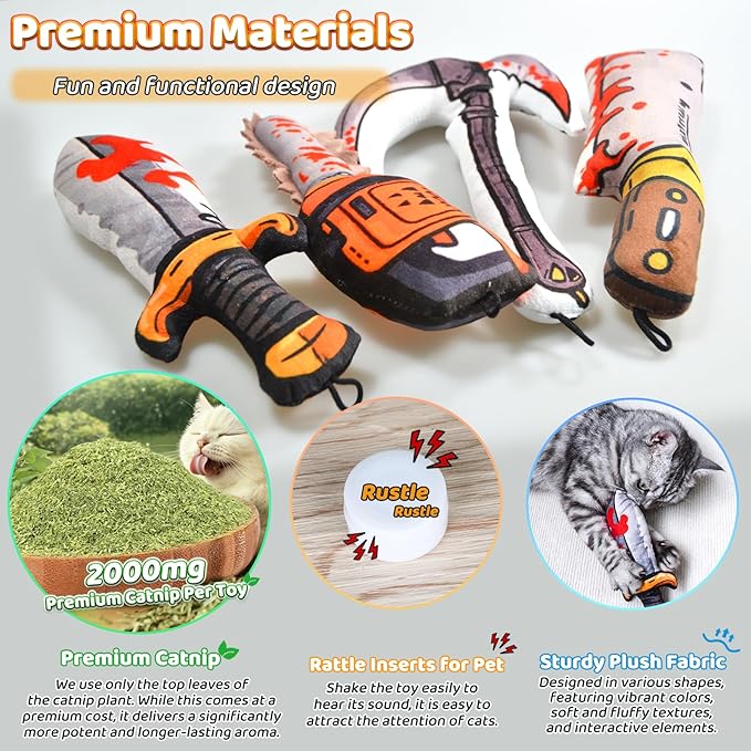 Cat Toys [8000mg Premium Catnip] Cartoon Colorful Style Horror Funny Knife Catnip Cat Toys Durable Rattle Sound Toy for All Cat Breeds Indoor Interactive Kitten Toys Get Bored Cats Active 4 PCS