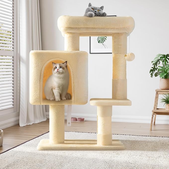 SHA CERLIN 29in Cat Tree for Indoor Cats, Multi-Level Cat Tower with Large Perch, Cozy Condo, Playful Toy Balls, Sisal Scratching Posts, Stable Pet Furniture Activity Center, Space-Saving, Beige