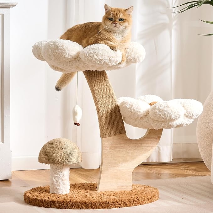 Aesthetic Flower Cat Tree Tower with Scratching Post for Indoor Cats, 30" H Modern Cat Tree with Wood Sculpted Branch, Flower Cat Beds, Mushroom Scratcher & Interactive Squeaky Toy, White