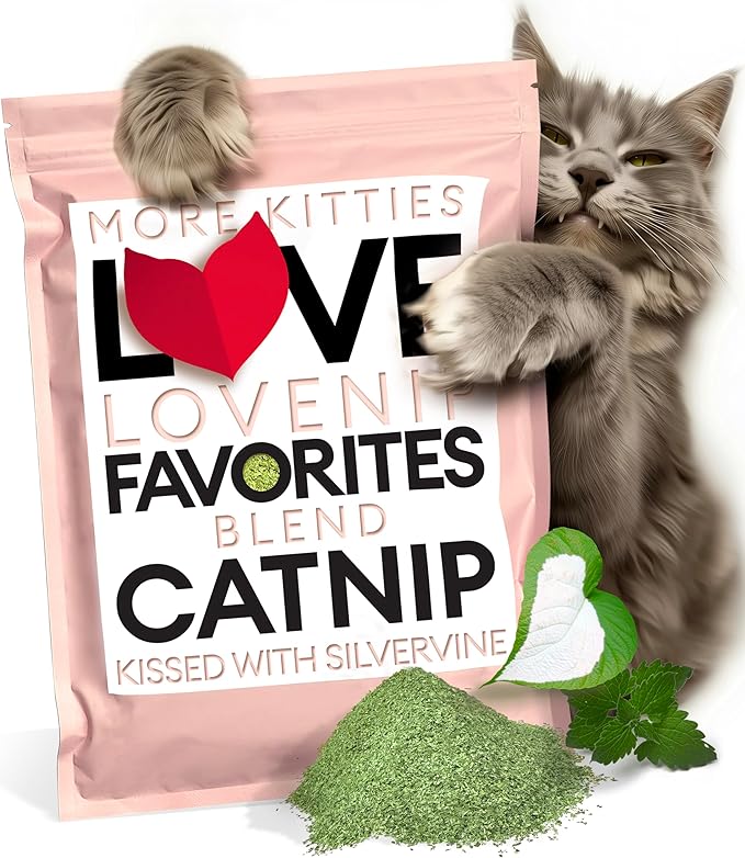 Soft Cat Nip for Cats kissed with Silvervine Leaf – Big 2.2 (2 cups) oz of Love – Fine Cut & Potent – More Kitties Love a Premium Catnip Silvervine Leaf Blend – Strong & Fresh Lovenip Favorites Blend
