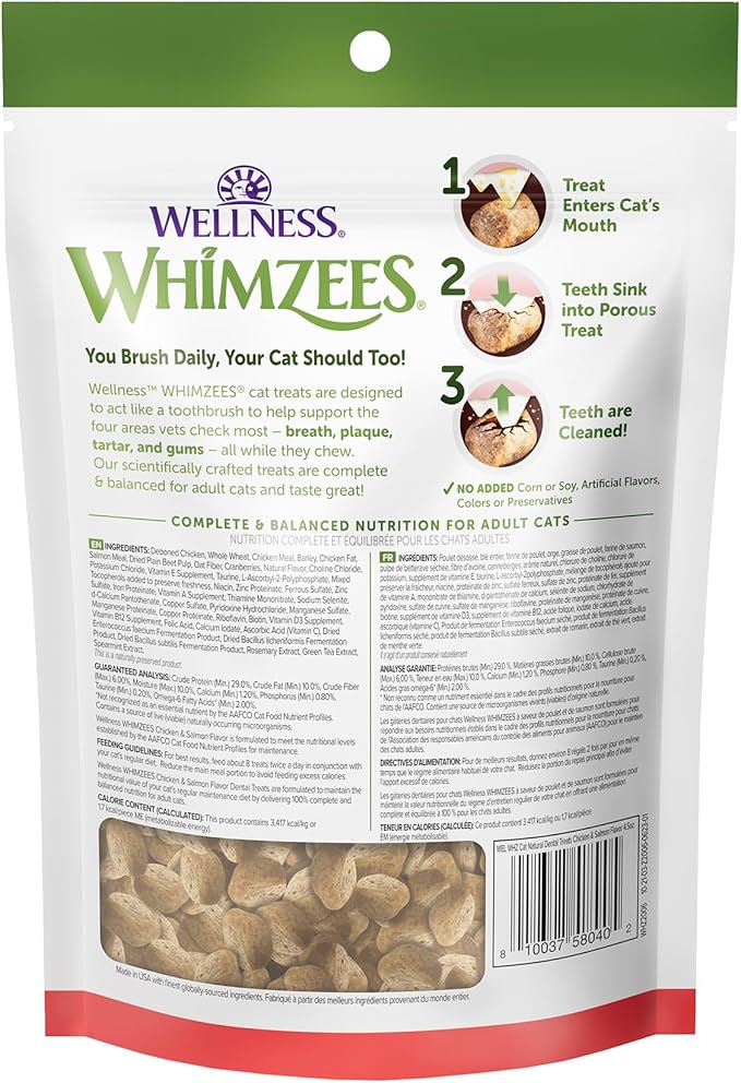 Wellness WHIMZEES Cat Dental Treats, Freshens Breath, Chicken and Salmon Flavor, 4.5 oz Bag